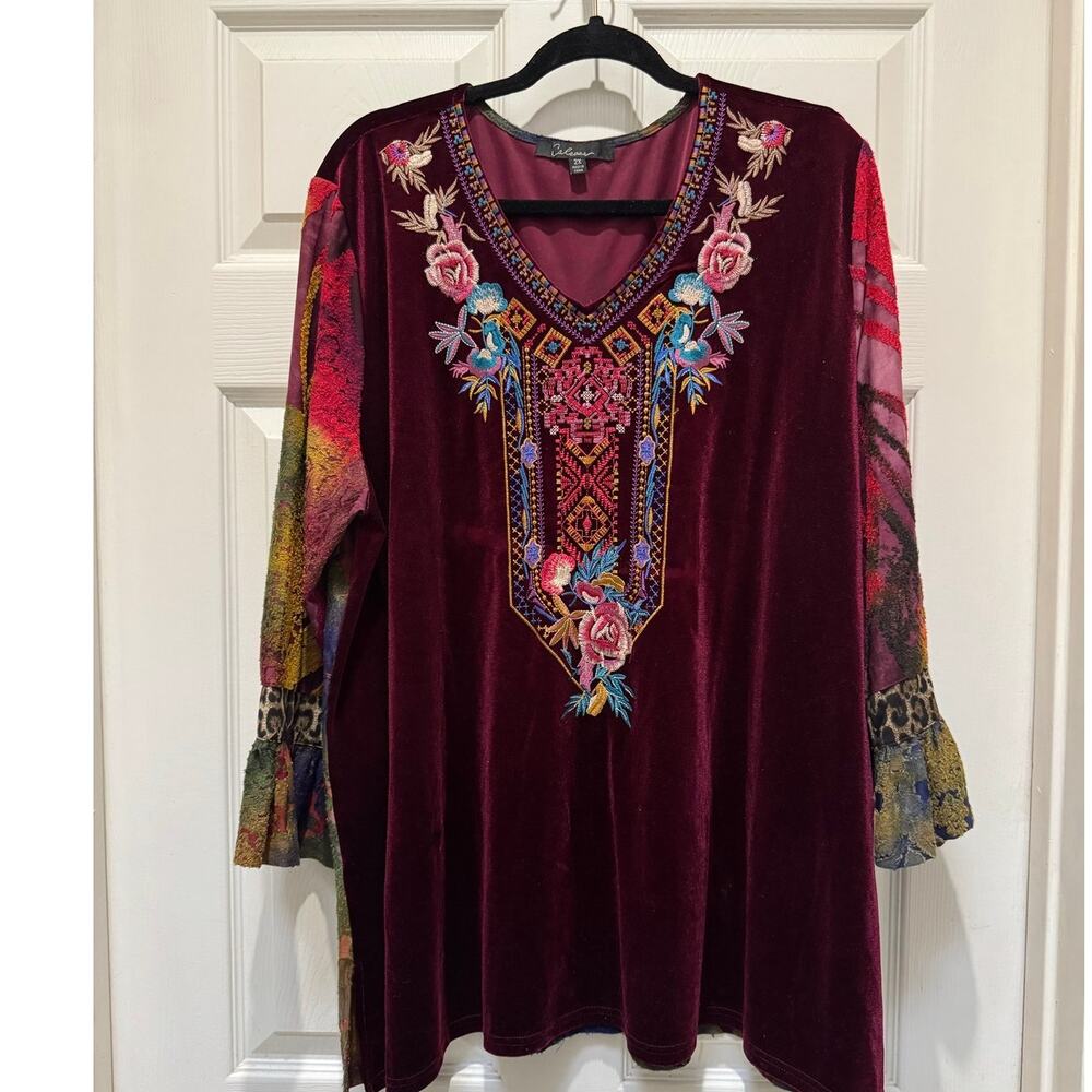 CALESSA 2X Burgundy Velvet Embroidered Boho Tunic Top Bell Sleeves